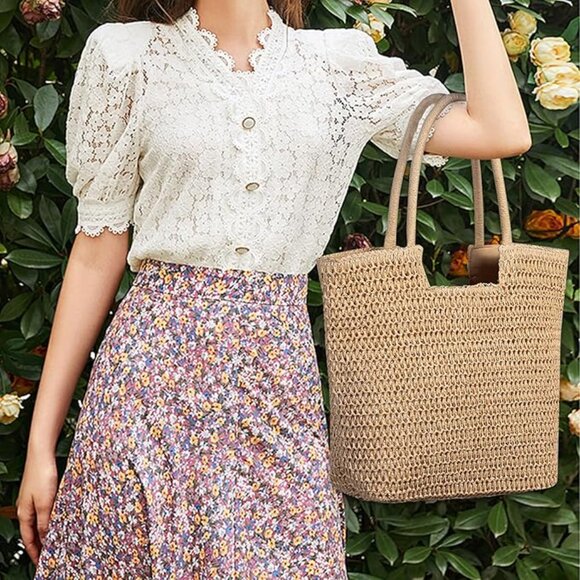 Straw Beach Bags, Women Summer Woven Tote Bag Large Boho Shoulder Handbags - Picture 4 of 6